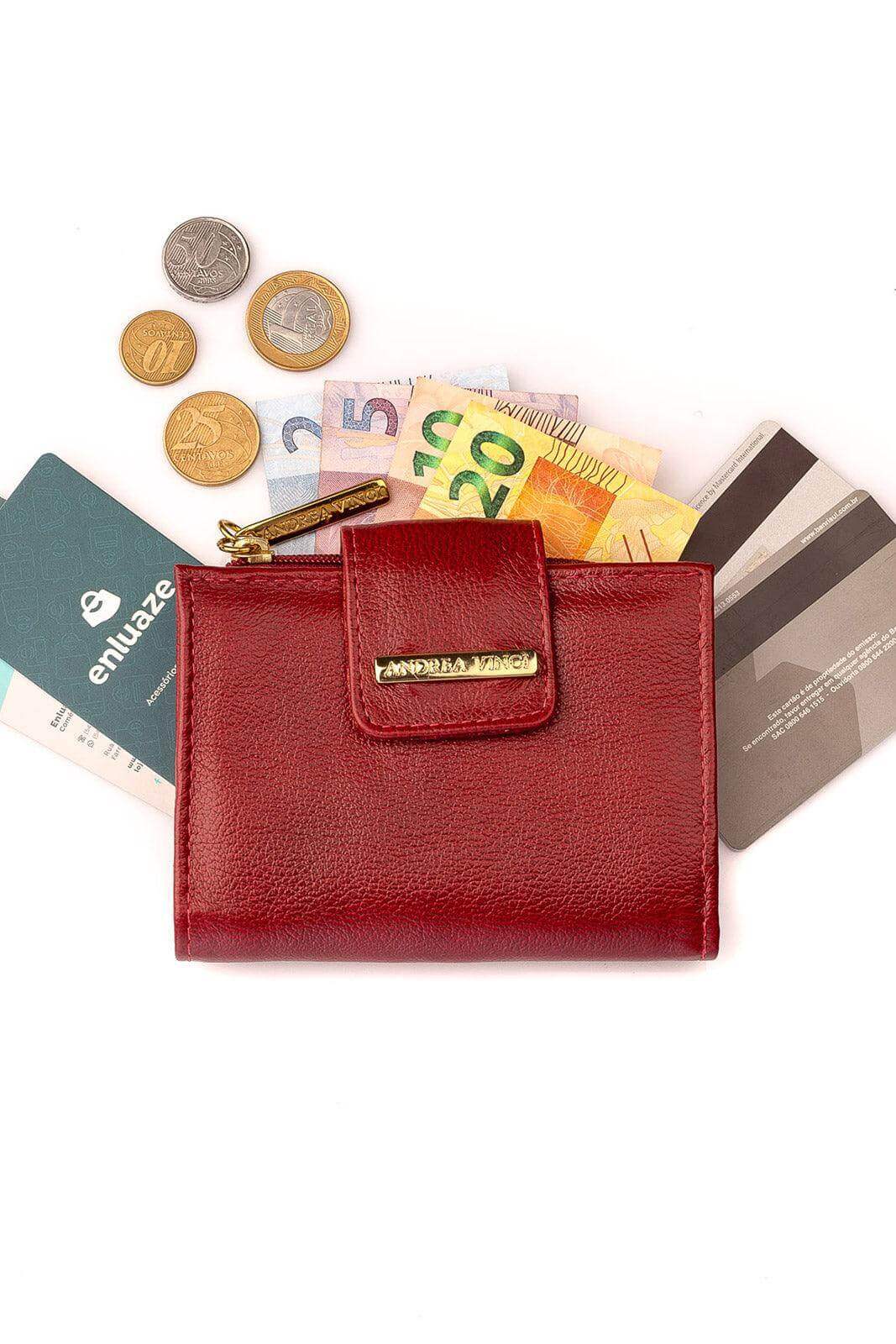 Carteira feminina de couro liso Linna 11x13cm - Enluaze