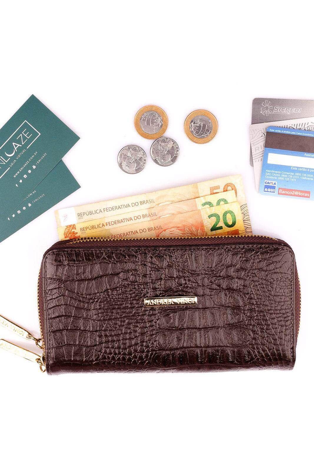 Carteira feminina de couro croco Tinna 10x19cm - Enluaze