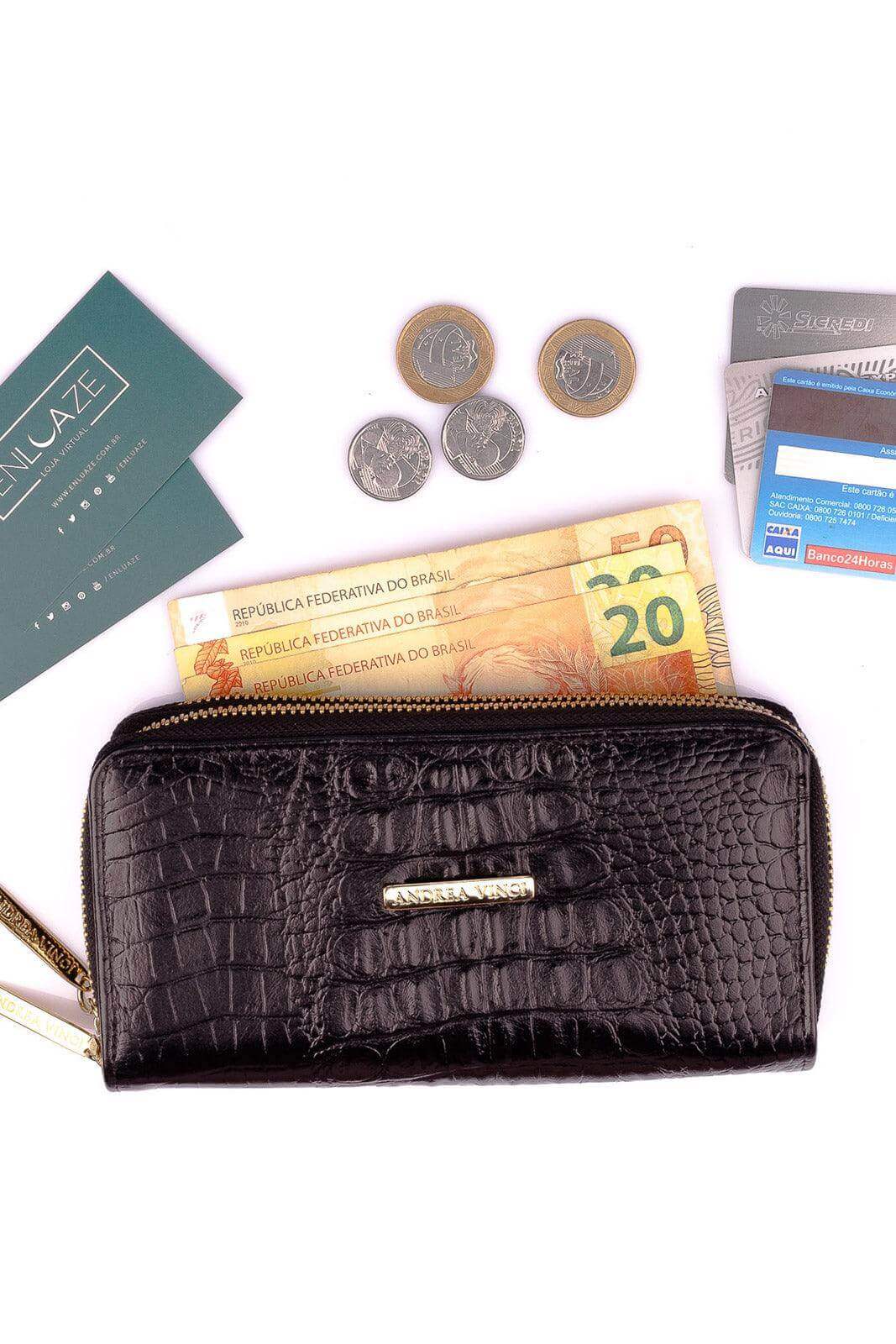 Carteira feminina de couro croco Tinna 10x19cm - Enluaze