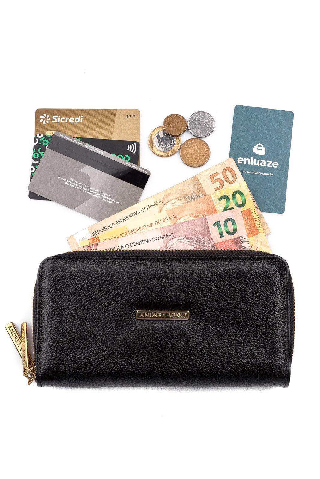 Carteira feminina de couro liso Tinna 10x19cm - Enluaze