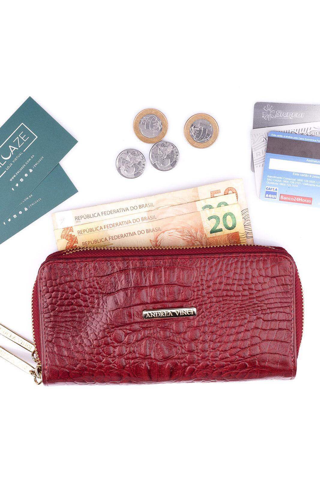 Carteira feminina de couro croco Tinna 10x19cm - Enluaze