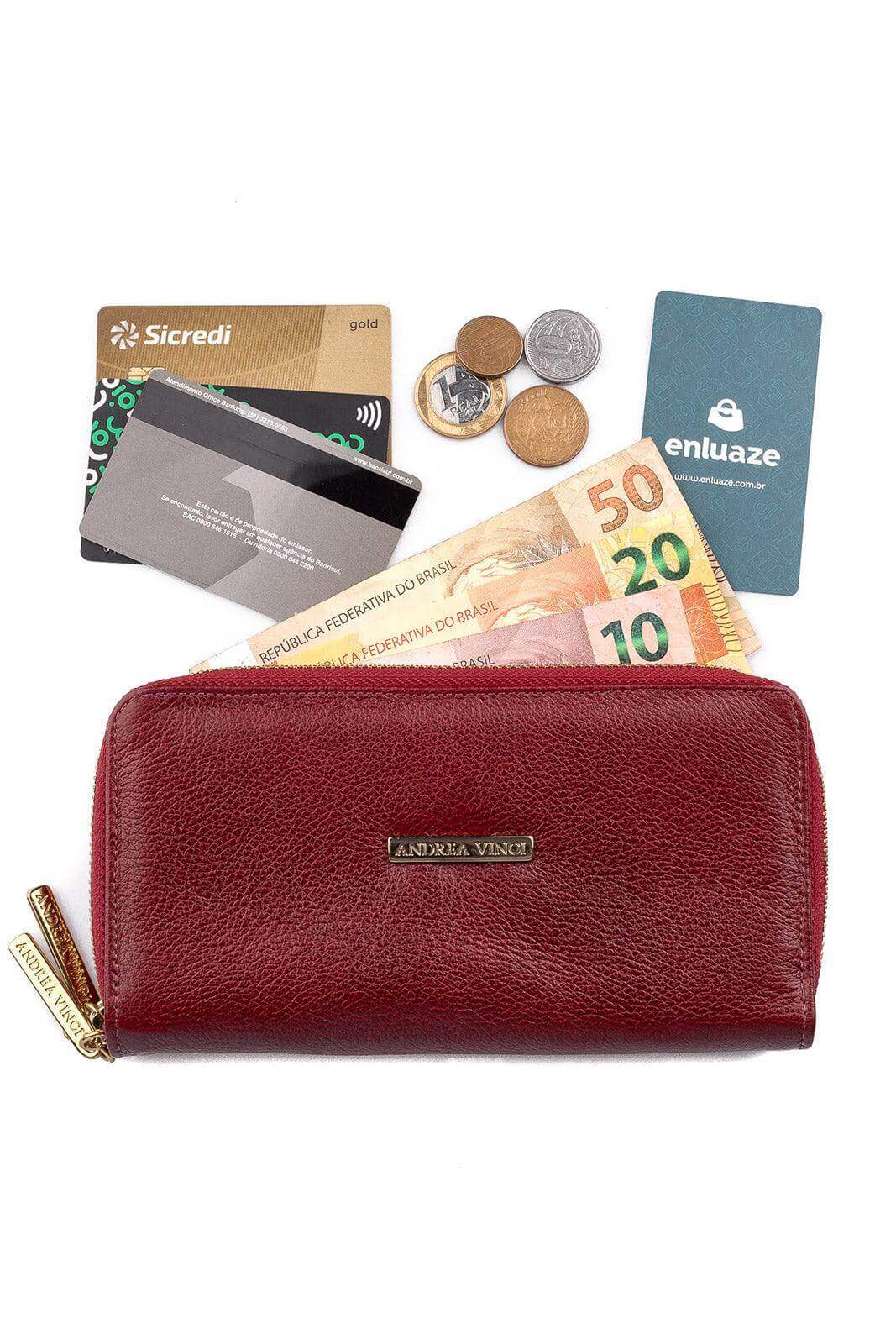 Carteira feminina de couro liso Tinna 10x19cm - Enluaze