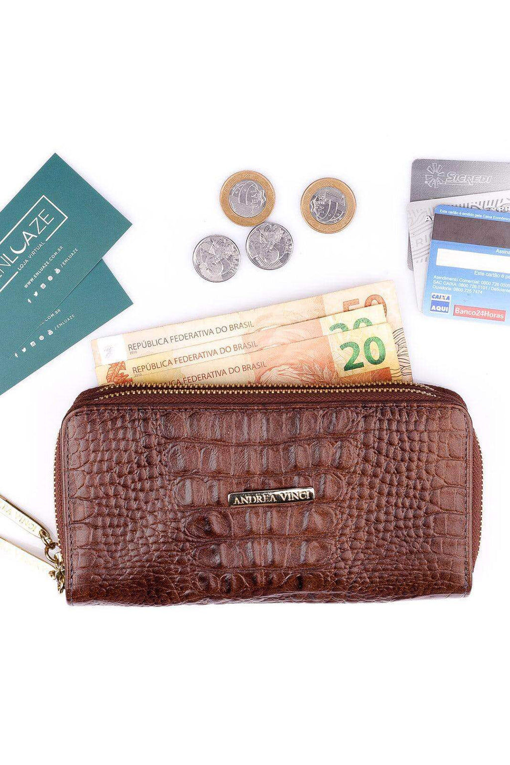 Carteira feminina de couro croco Tinna 10x19cm - Enluaze
