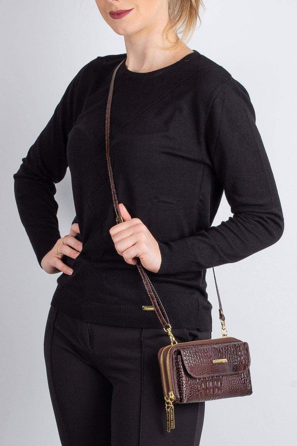 Carteira feminina de couro croco com alça Tania 10,5x19cm - Enluaze