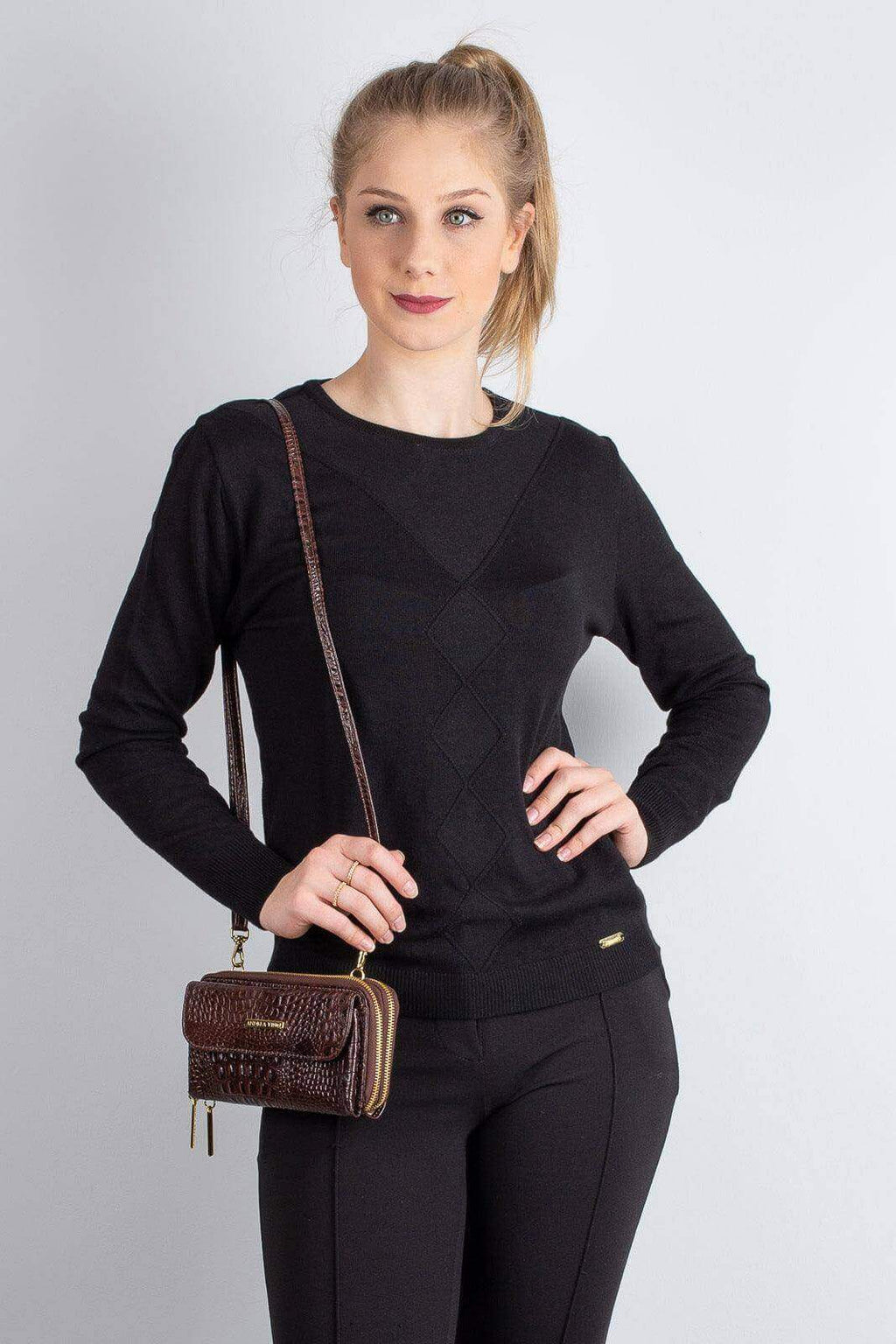 Carteira feminina de couro croco com alça Tania 10,5x19cm - Enluaze