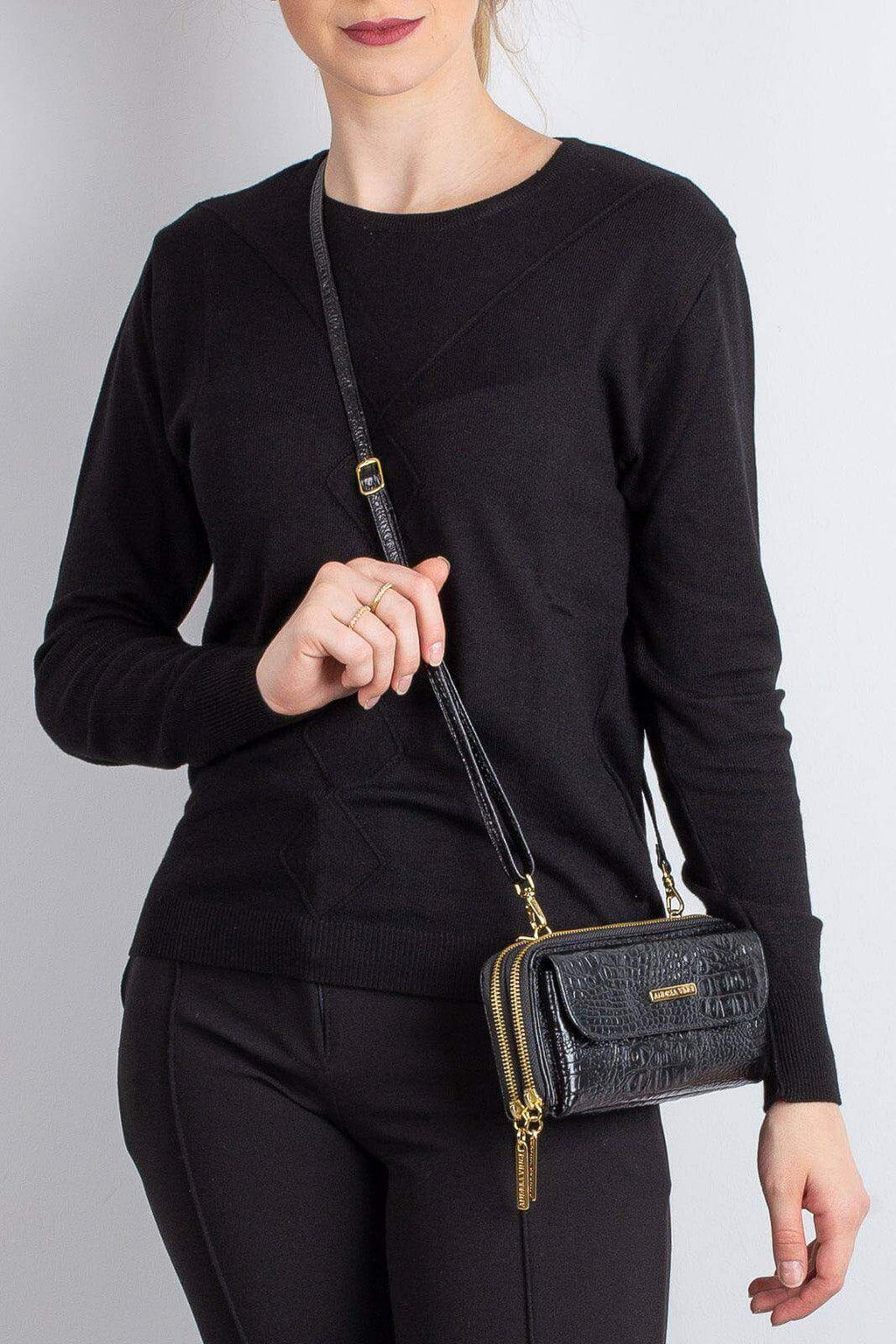 Carteira feminina de couro croco com alça Tania 10,5x19cm - Enluaze