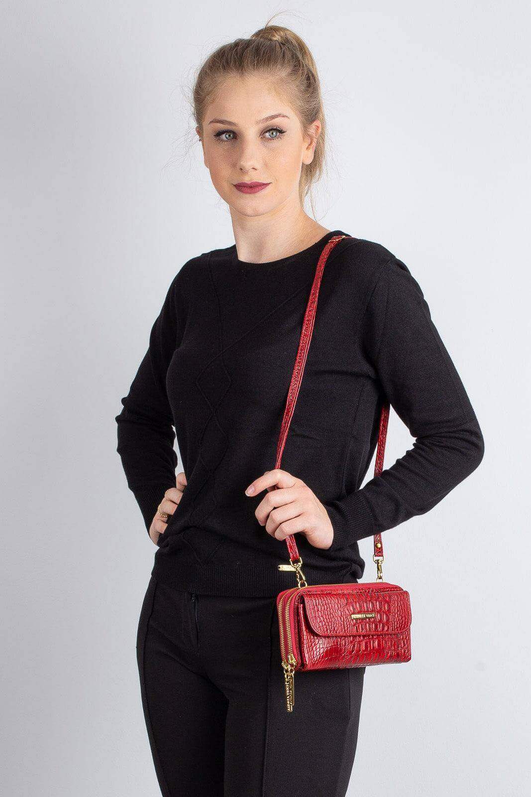 Carteira feminina de couro croco com alça Tania 10,5x19cm - Enluaze
