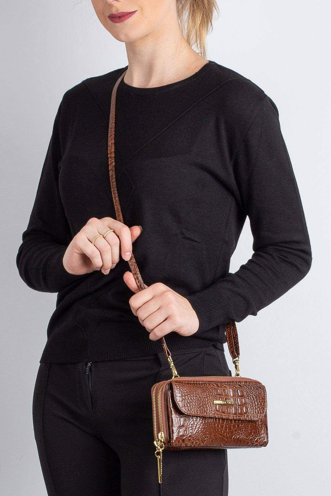 Carteira feminina de couro croco com alça Tania 10,5x19cm - Enluaze