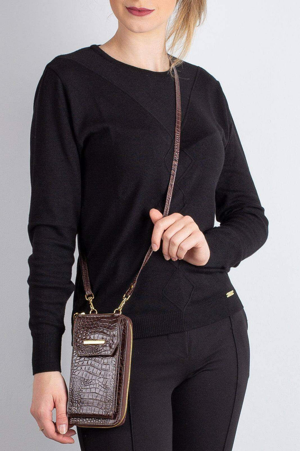 Carteira feminina de couro croco com alça Rafa 19x10,5cm - Enluaze