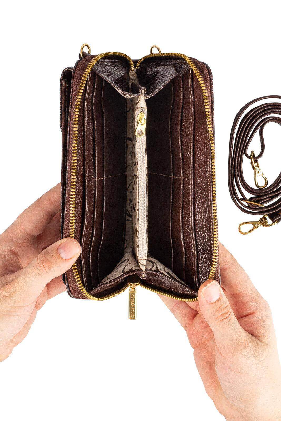 Carteira feminina de couro croco com alça Rafa 19x10,5cm - Enluaze