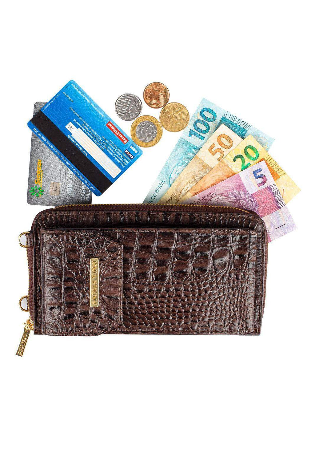 Carteira feminina de couro croco com alça Rafa 19x10,5cm - Enluaze