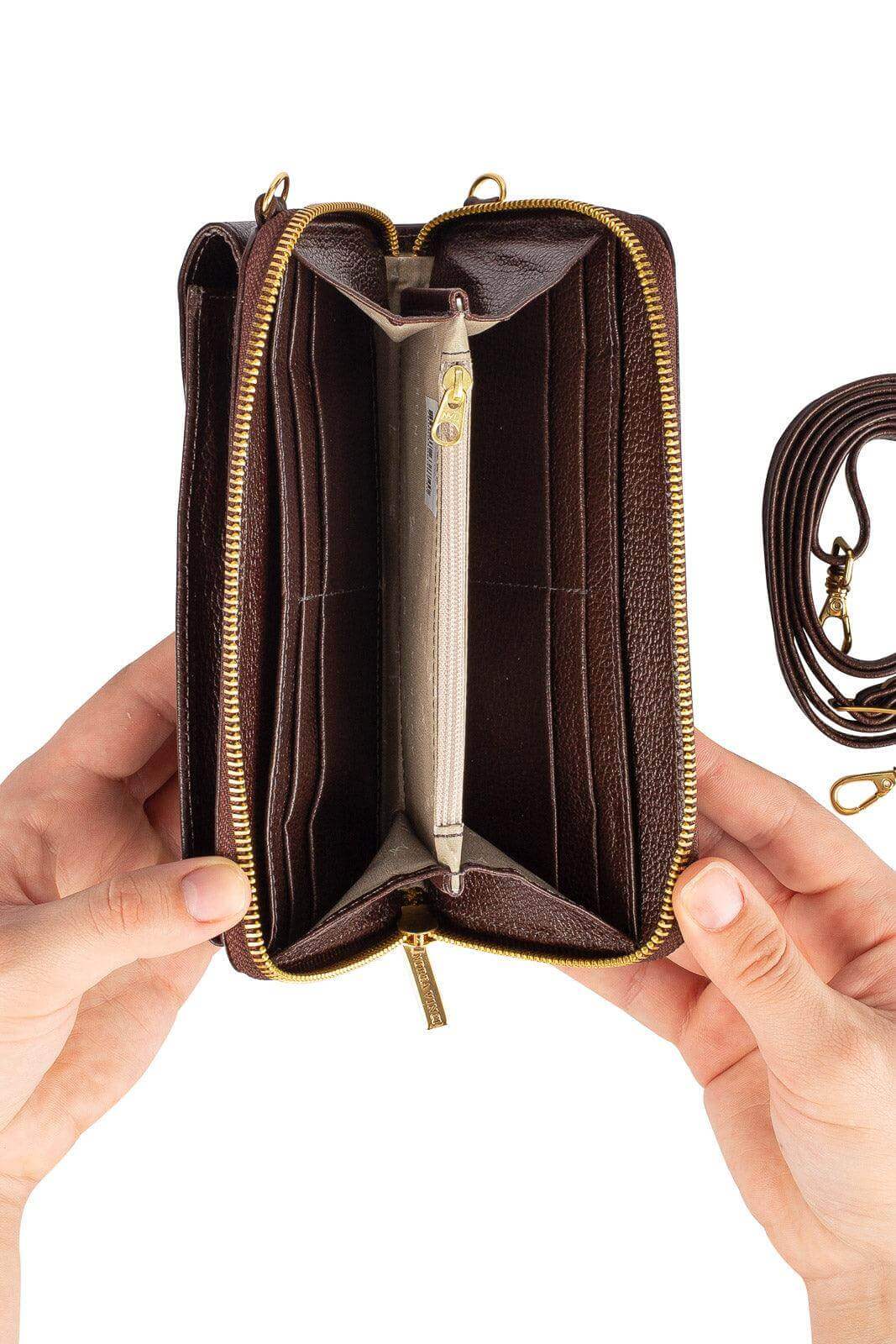 Carteira feminina de couro liso com alça Rafa 19x10,5cm - Enluaze