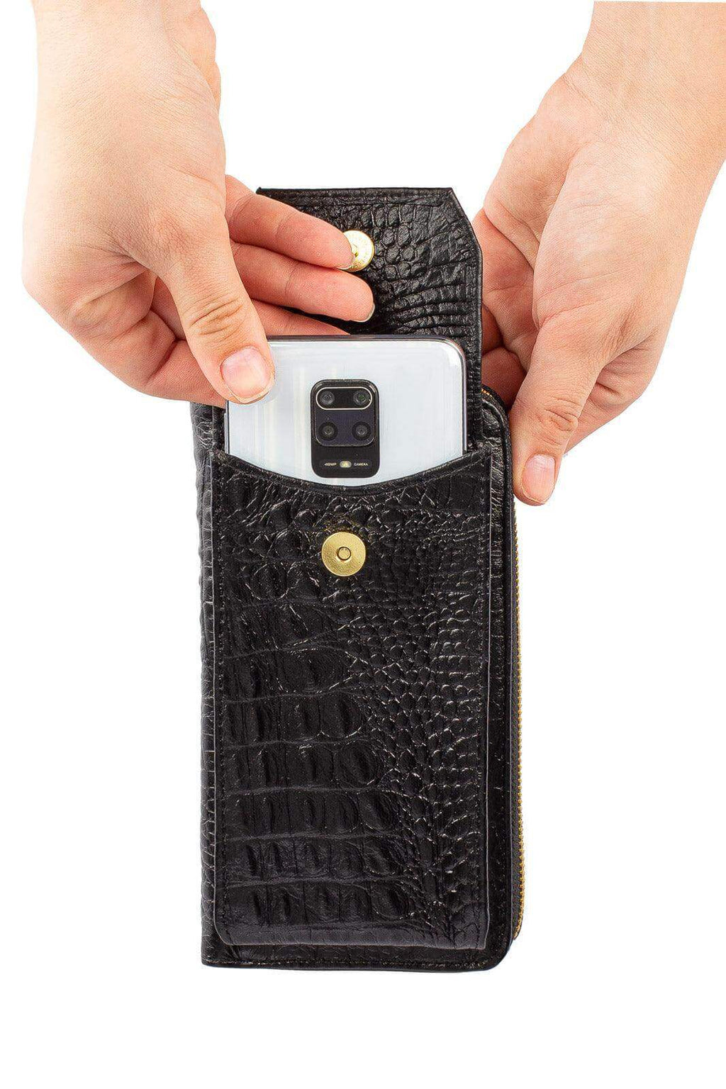 Carteira feminina de couro croco com alça Rafa 19x10,5cm - Enluaze