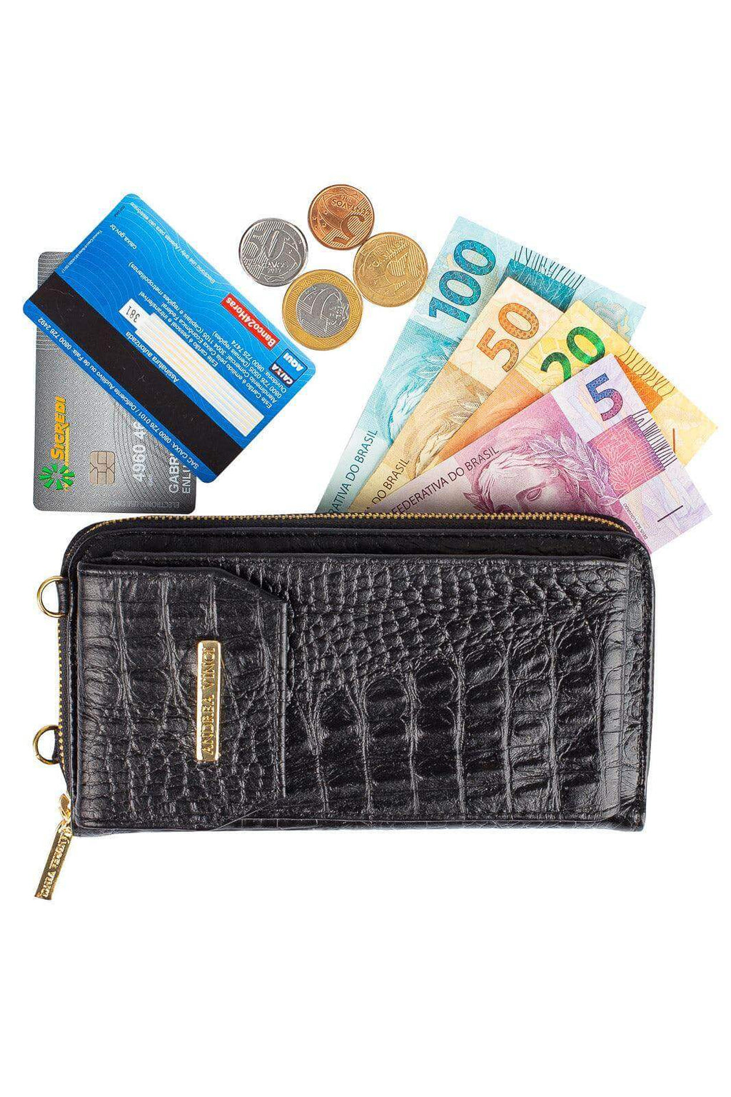 Carteira feminina de couro croco com alça Rafa 19x10,5cm - Enluaze