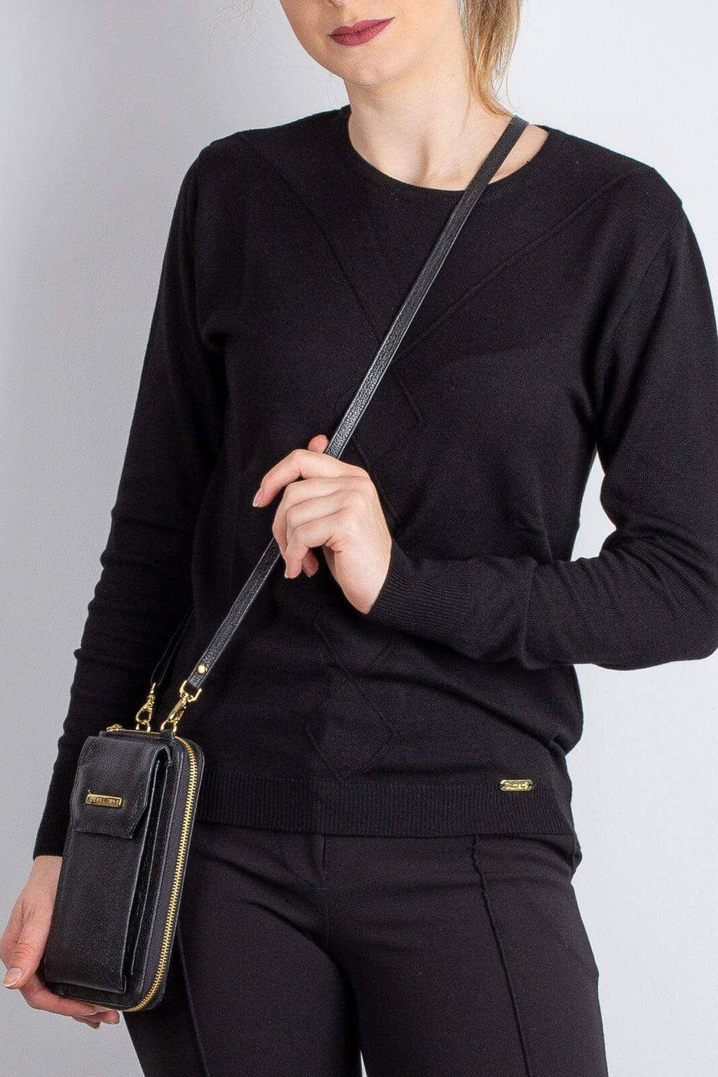 Carteira feminina de couro liso com alça Rafa 19x10,5cm - Enluaze