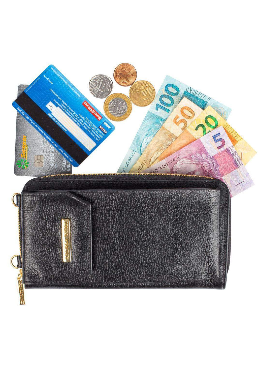 Carteira feminina de couro liso com alça Rafa 19x10,5cm - Enluaze