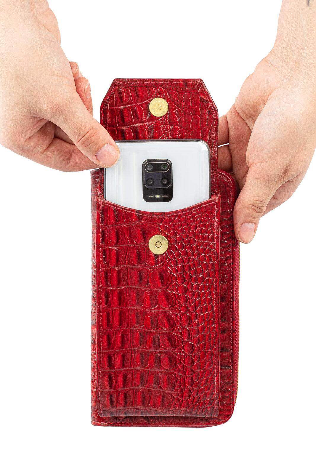 Carteira feminina de couro croco com alça Rafa 19x10,5cm - Enluaze