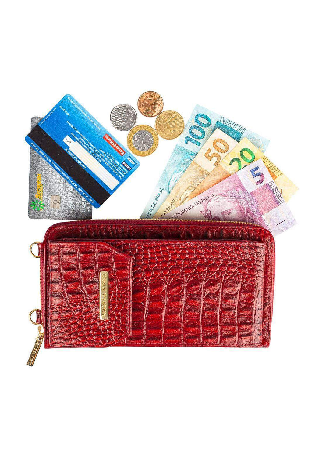 Carteira feminina de couro croco com alça Rafa 19x10,5cm - Enluaze