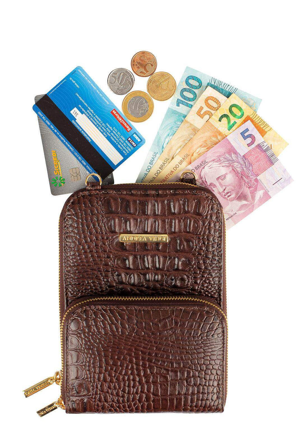 Carteira com alça de couro croco Ingrid 18,5x13,5cm - Enluaze