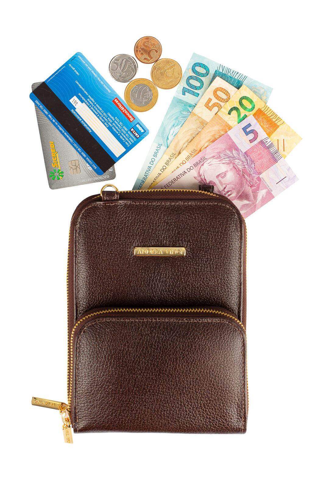 Carteira com alça de couro liso Ingrid 18,5x13,5cm - Enluaze