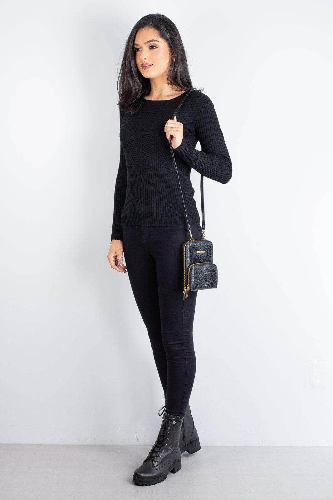 Carteira com alça de couro croco Ingrid 18,5x13,5cm - Enluaze