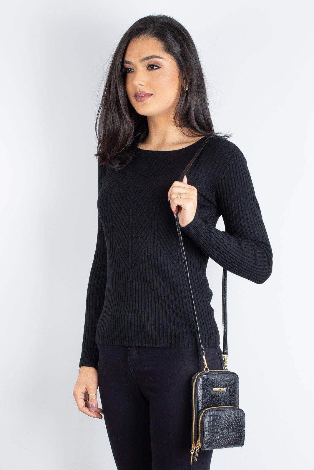 Carteira com alça de couro croco Ingrid 18,5x13,5cm - Enluaze