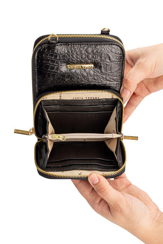 Carteira com alça de couro croco Ingrid 18,5x13,5cm - Enluaze - Bolsas e Mochilas em Couro Legítimo - Andrea Vinci