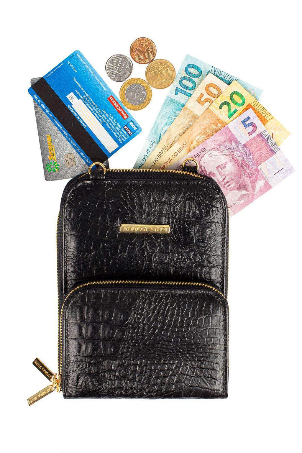 Carteira com alça de couro croco Ingrid 18,5x13,5cm - Enluaze
