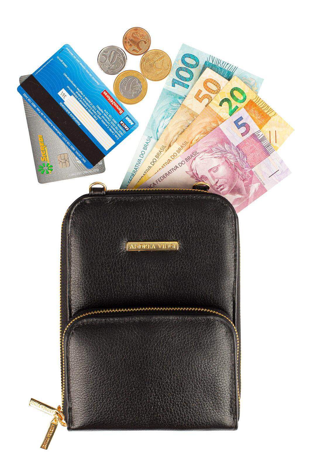 Carteira com alça de couro liso Ingrid 18,5x13,5cm - Enluaze