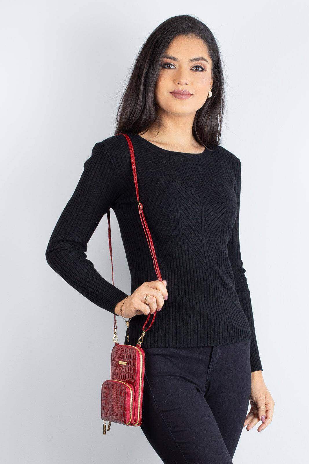 Carteira com alça de couro croco Ingrid 18,5x13,5cm - Enluaze