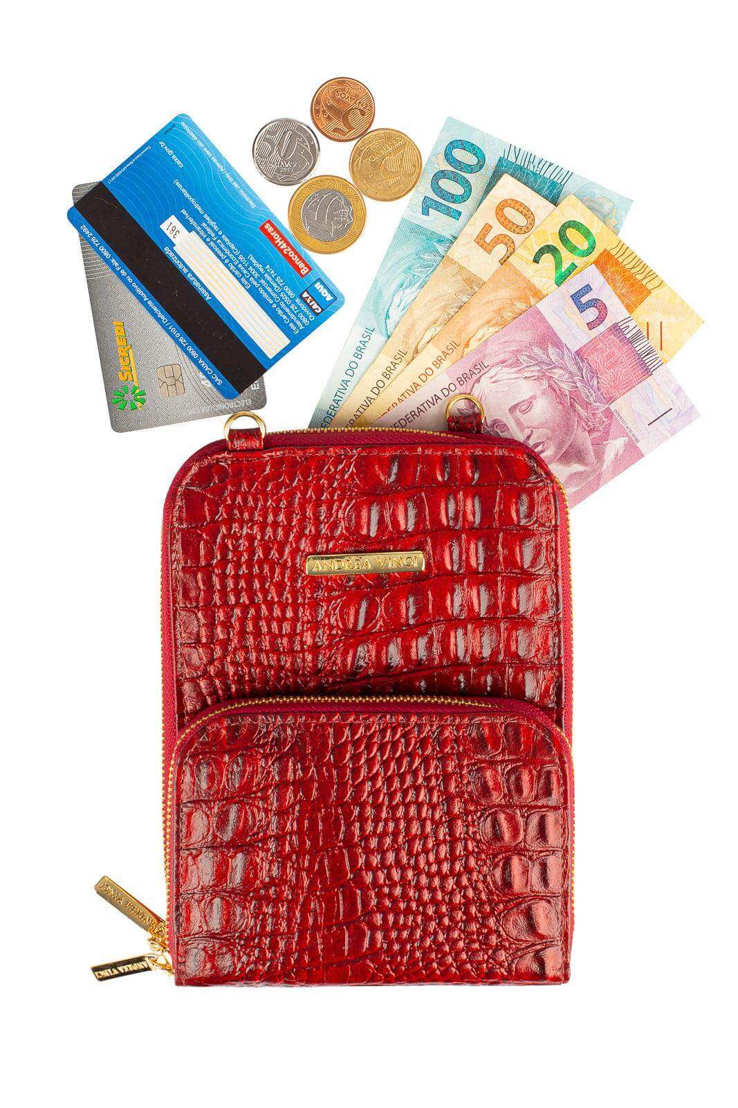 Carteira com alça de couro croco Ingrid 18,5x13,5cm - Enluaze