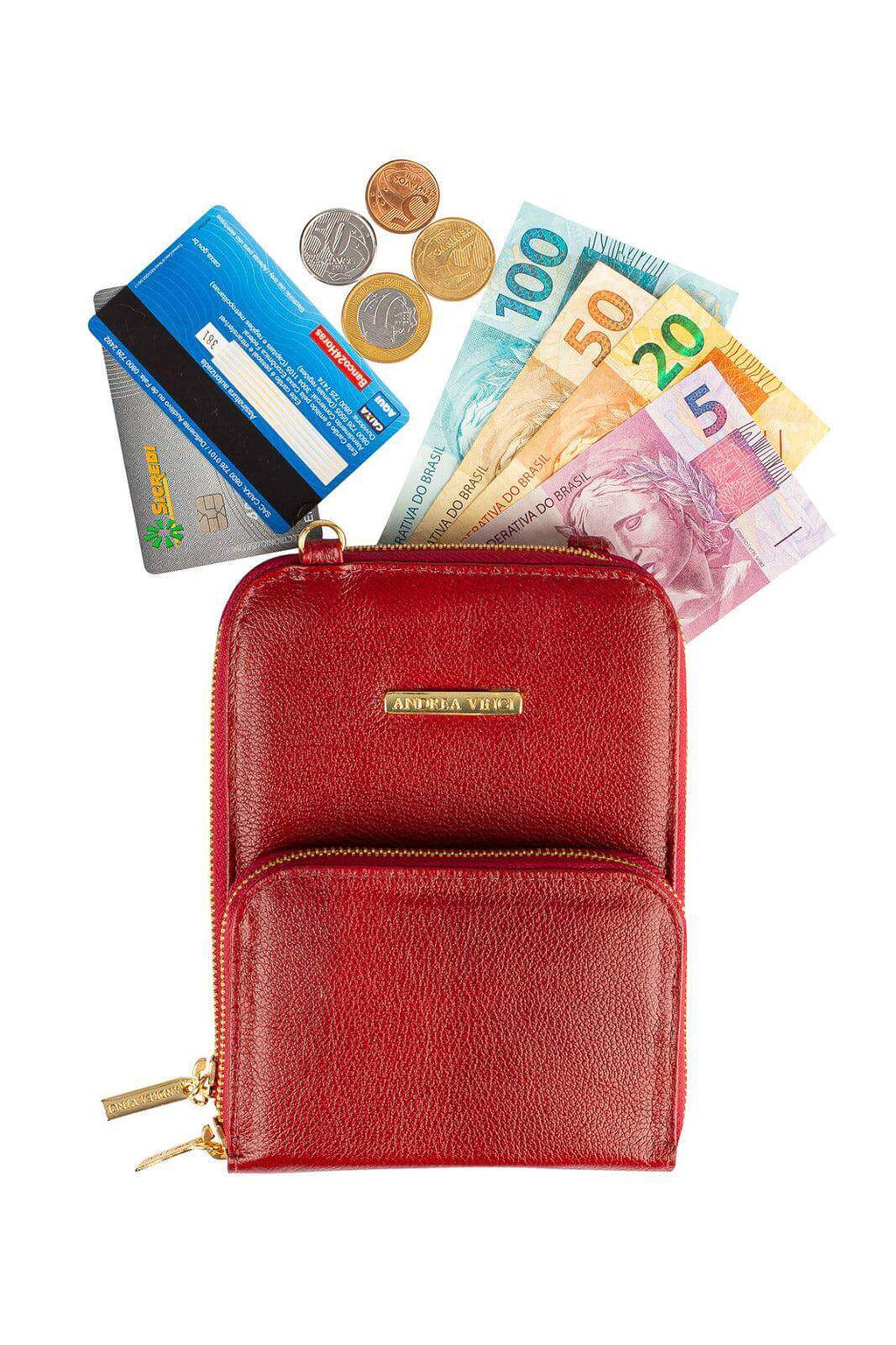 Carteira com alça de couro liso Ingrid 18,5x13,5cm - Enluaze