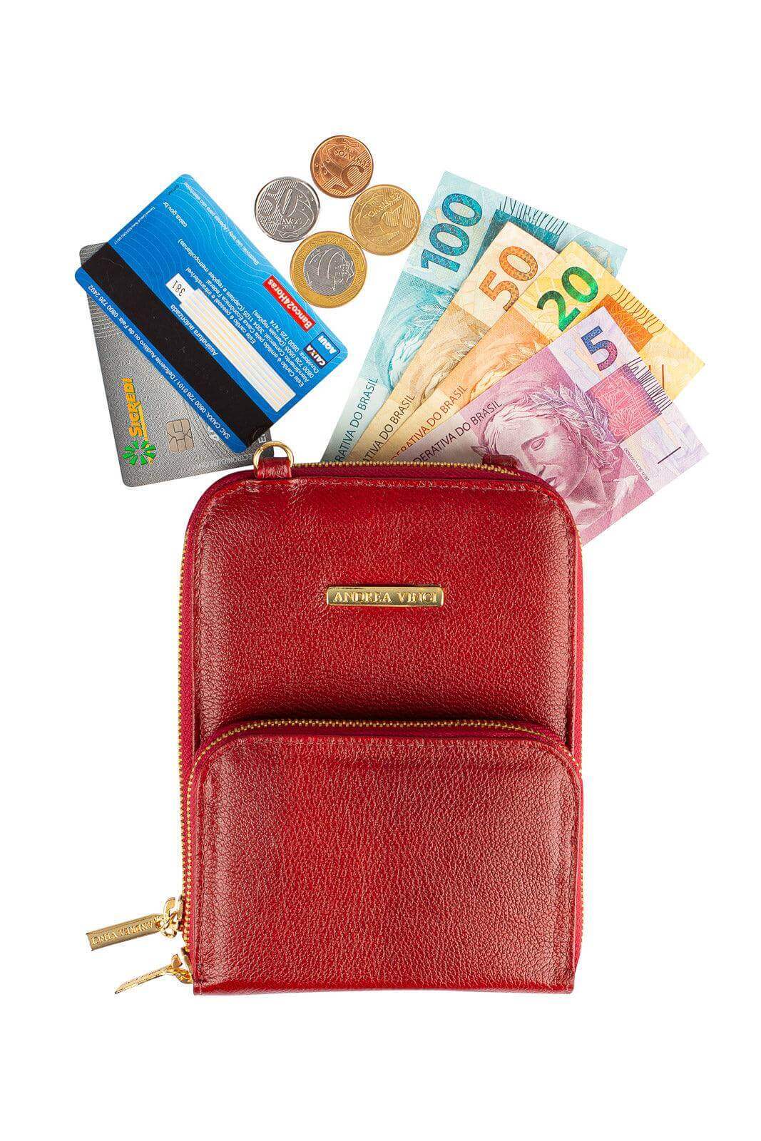 Carteira com alça de couro liso Ingrid 18,5x13,5cm - Enluaze