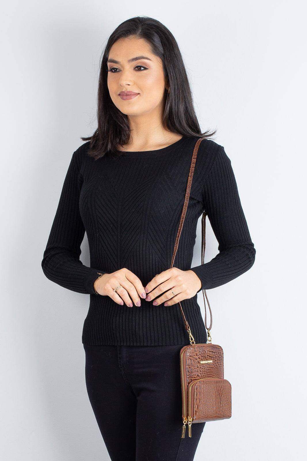 Carteira com alça de couro croco Ingrid 18,5x13,5cm - Enluaze