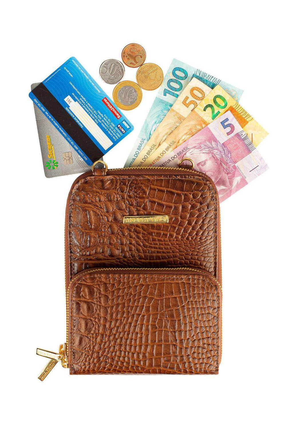 Carteira com alça de couro croco Ingrid 18,5x13,5cm - Enluaze