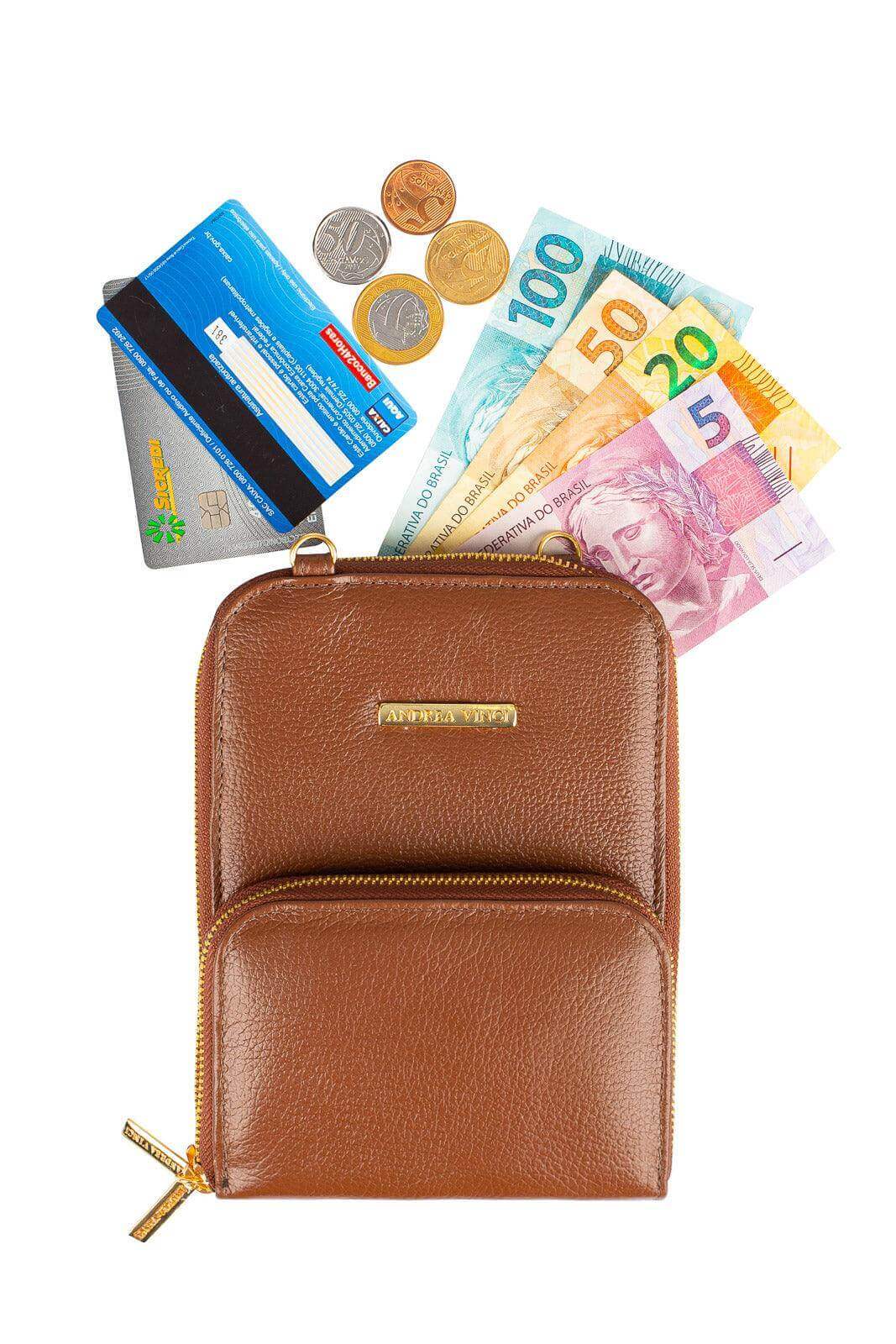 Carteira com alça de couro liso Ingrid 18,5x13,5cm - Enluaze