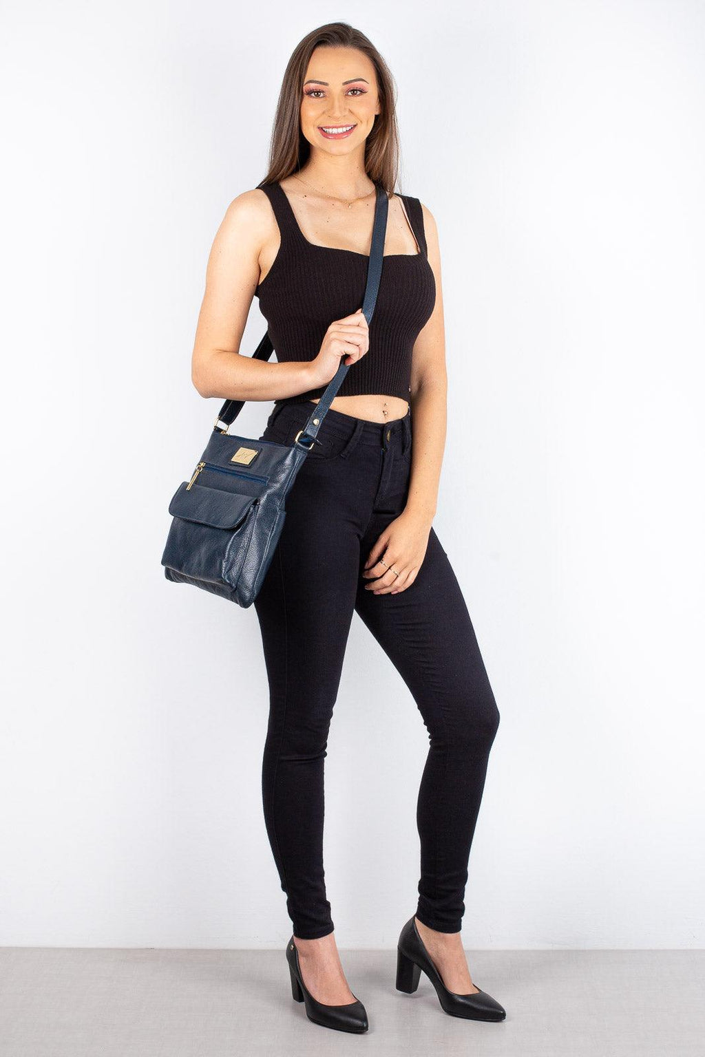 Bolsa transversal de couro liso Karen - Enluaze