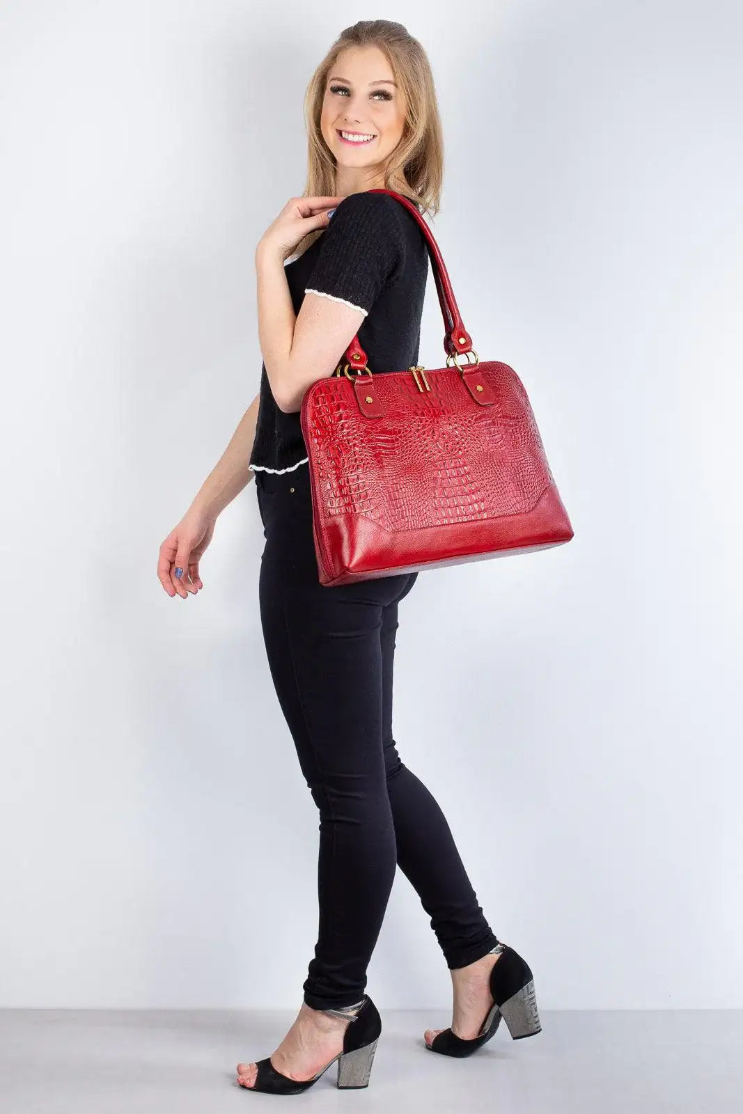 Pasta feminina executiva em couro croco Isabel - Enluaze