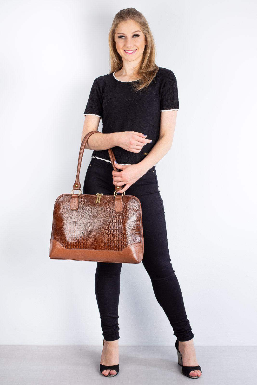 Pasta feminina executiva em couro croco Isabel - Enluaze