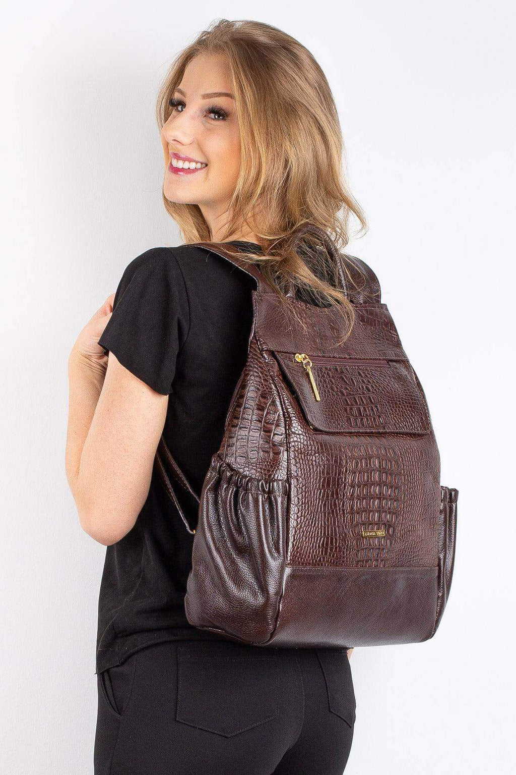 Mochila antifurto de couro croco Suelen - Enluaze