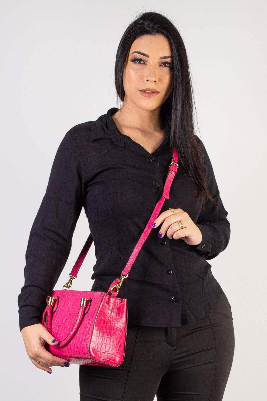 Mini bolsa baú de couro croco Andy - Enluaze