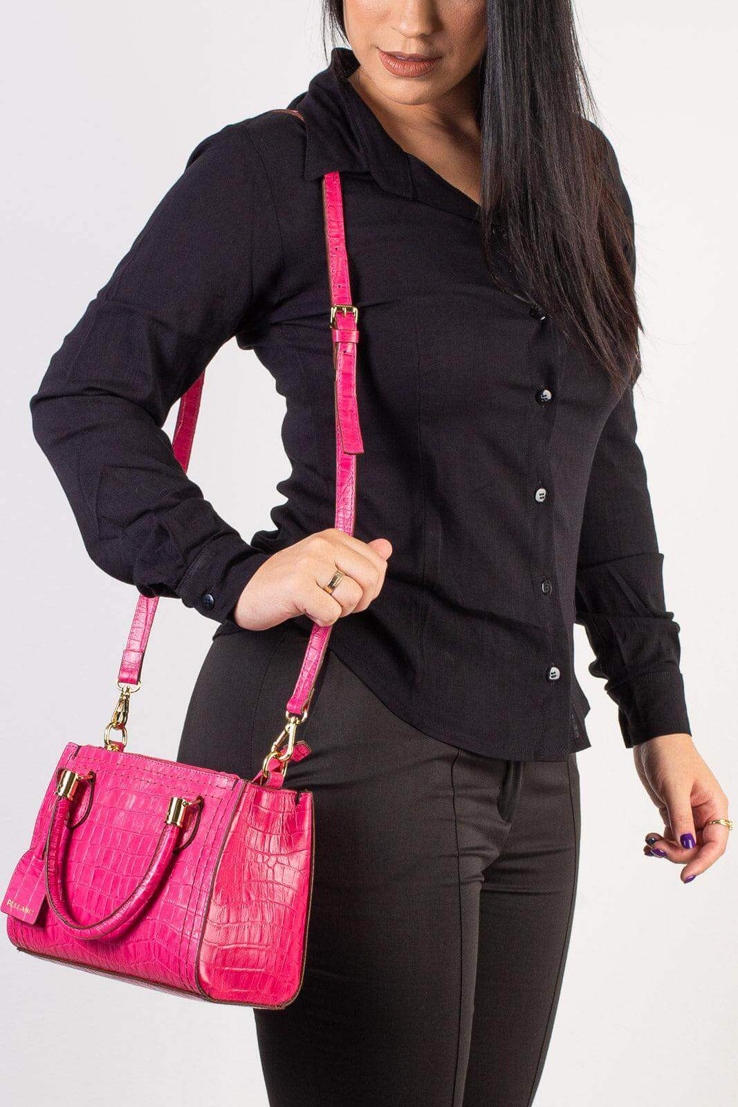 Mini bolsa baú de couro croco Andy - Enluaze