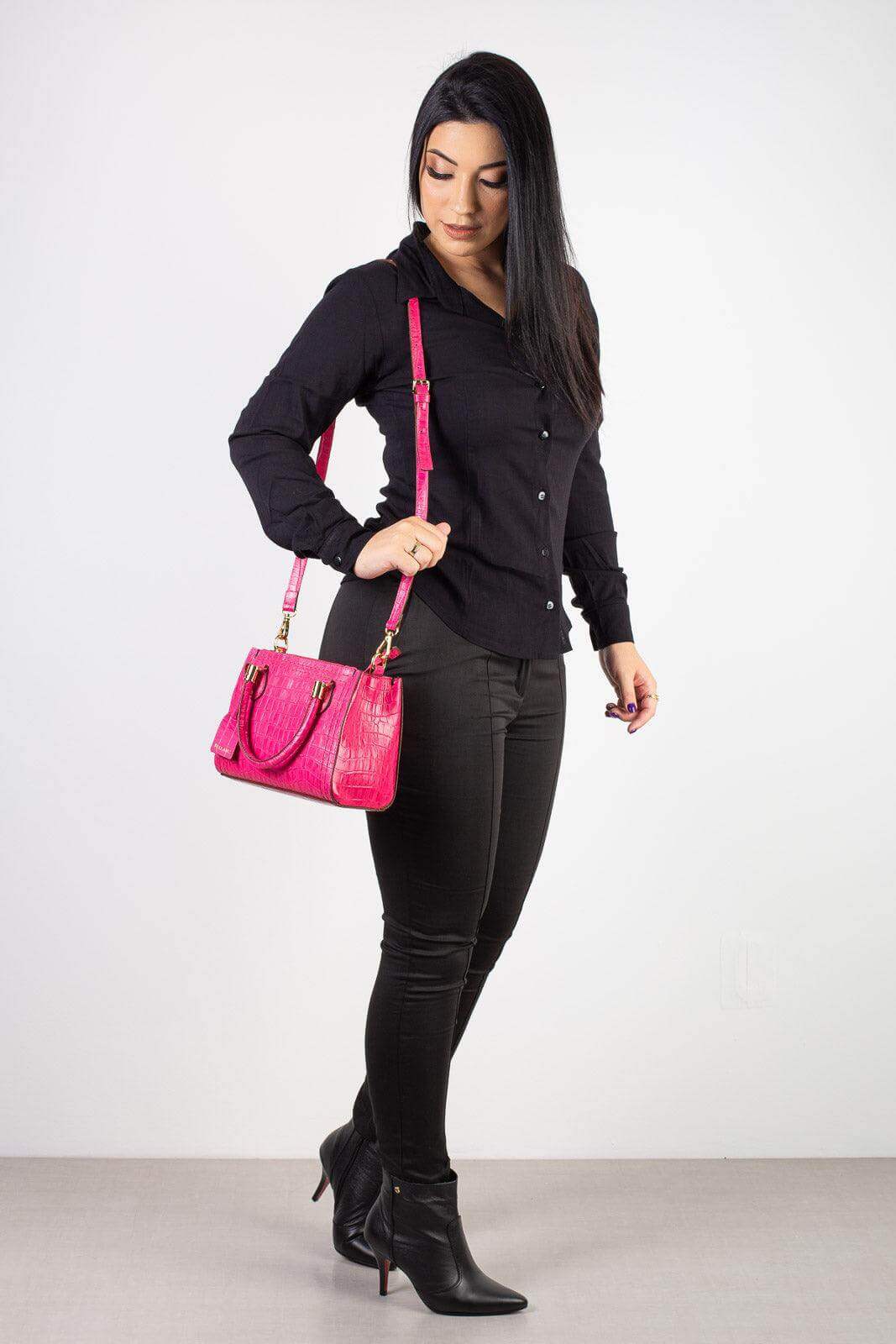 Mini bolsa baú de couro croco Andy - Enluaze