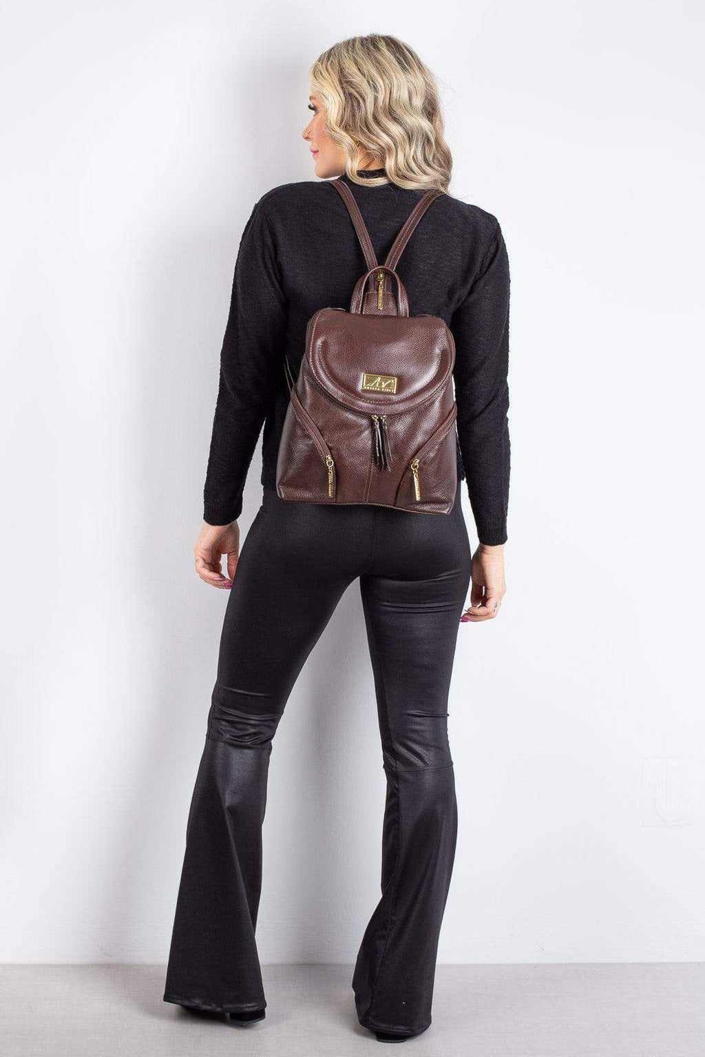 Mochila pequena de couro liso Cecília - Enluaze