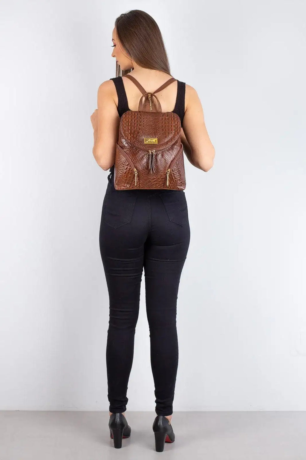 Mochila pequena de couro croco Cecília - Enluaze