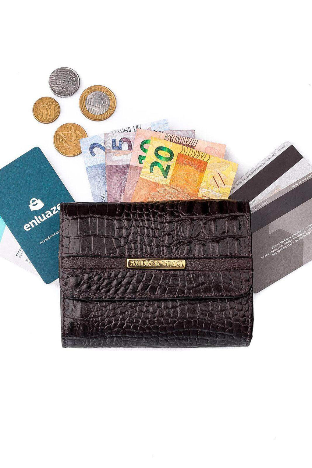 Carteira feminina de couro croco Jade 10,5x13cm - Enluaze