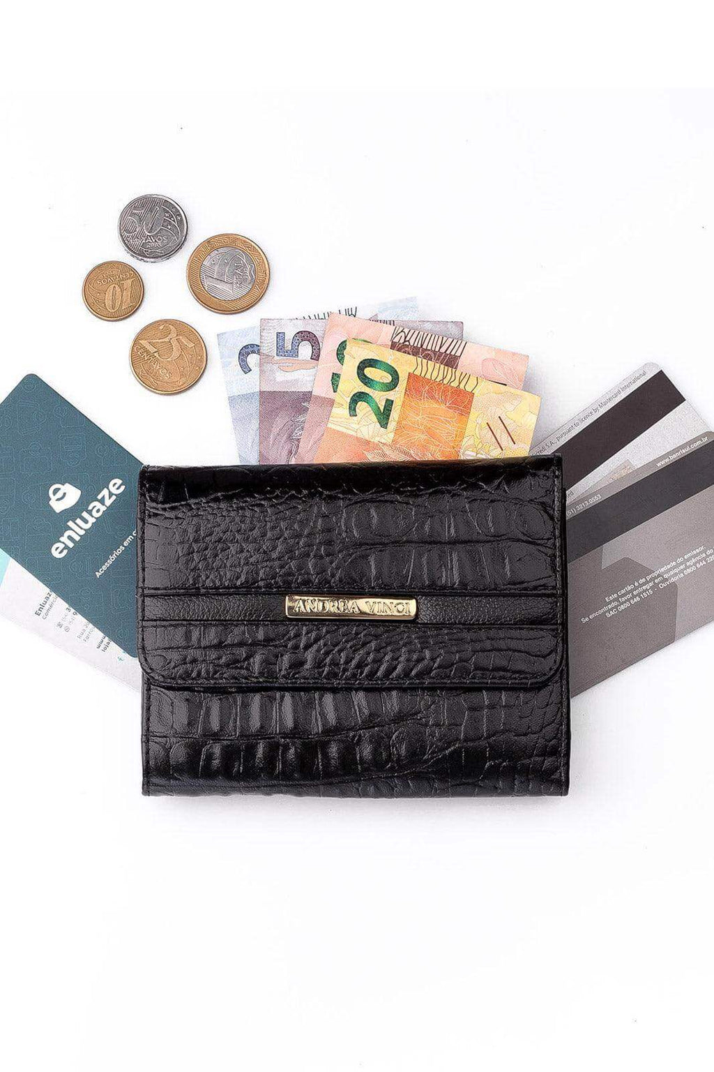Carteira feminina de couro croco Jade 10,5x13cm - Enluaze