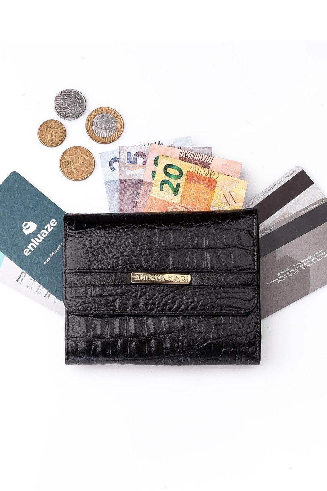 Carteira feminina de couro croco Jade 10,5x13cm - Enluaze