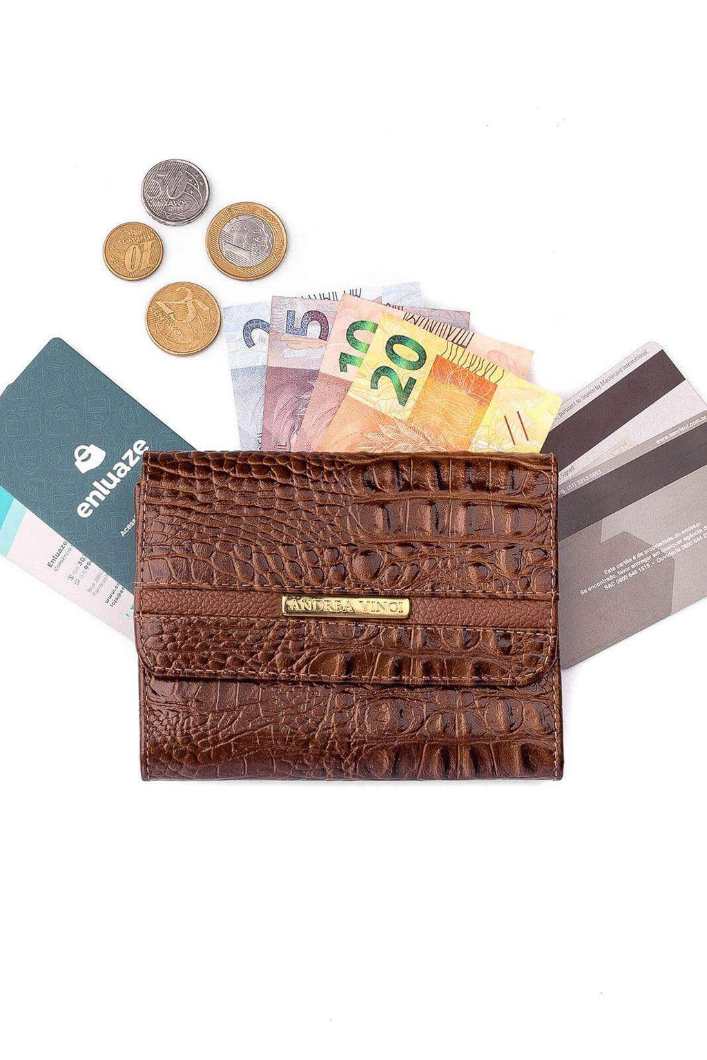 Carteira feminina de couro croco Jade 10,5x13cm - Enluaze