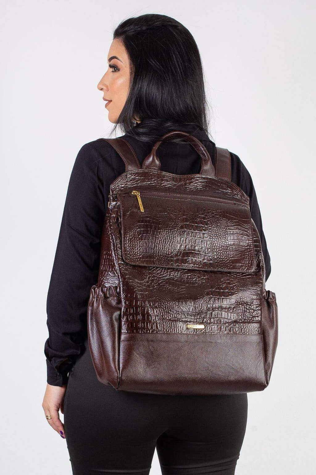Mochila antifurto grande de couro croco Suzana - Enluaze